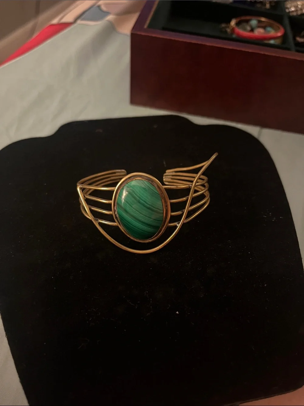 Gold-Tone Cuff Bracelet with Green Malachite-Style Stone